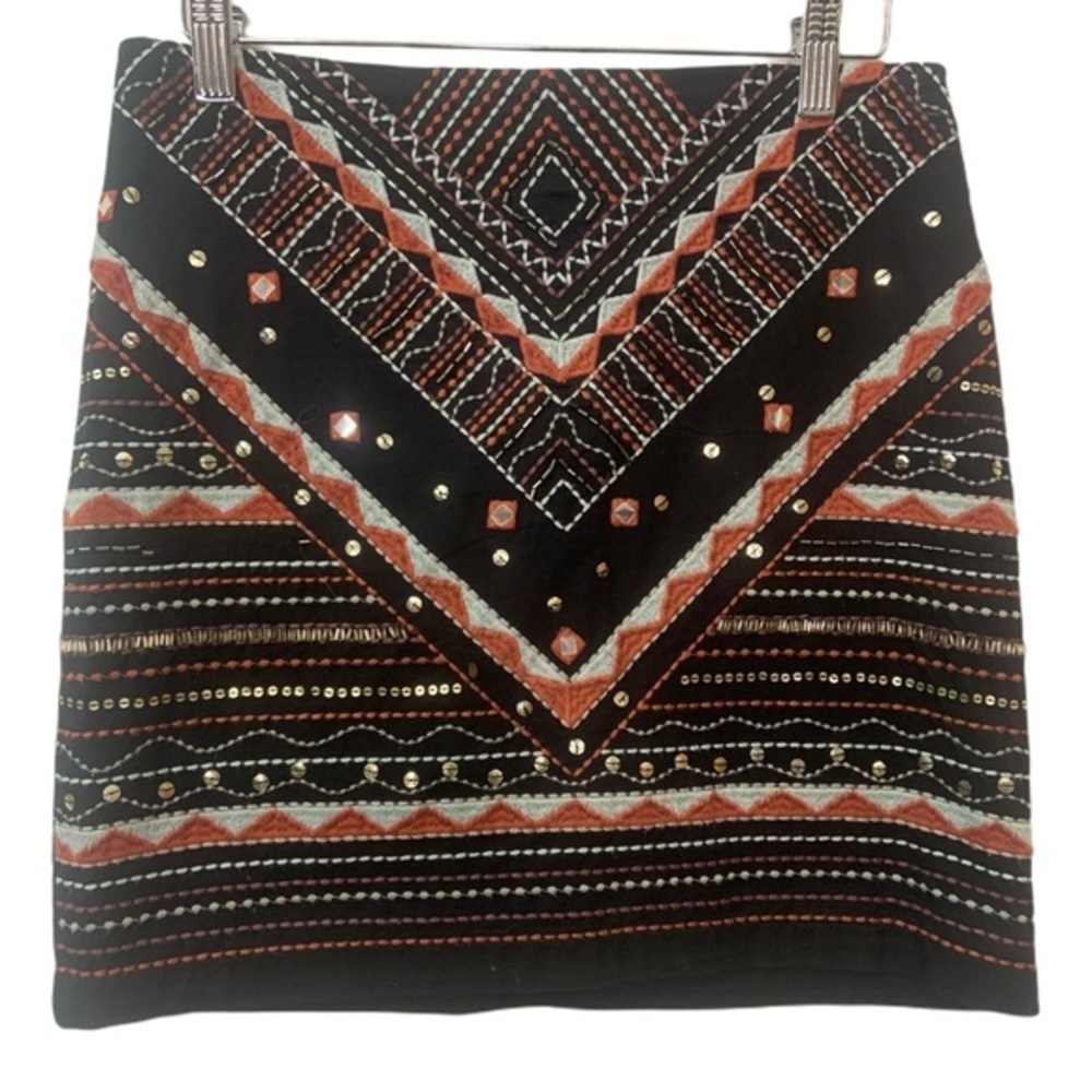 Romeo & Juliet Couture Boho Black Orange Embroidered Sequined Mini Skirt Cotton - Picture 4 of 14